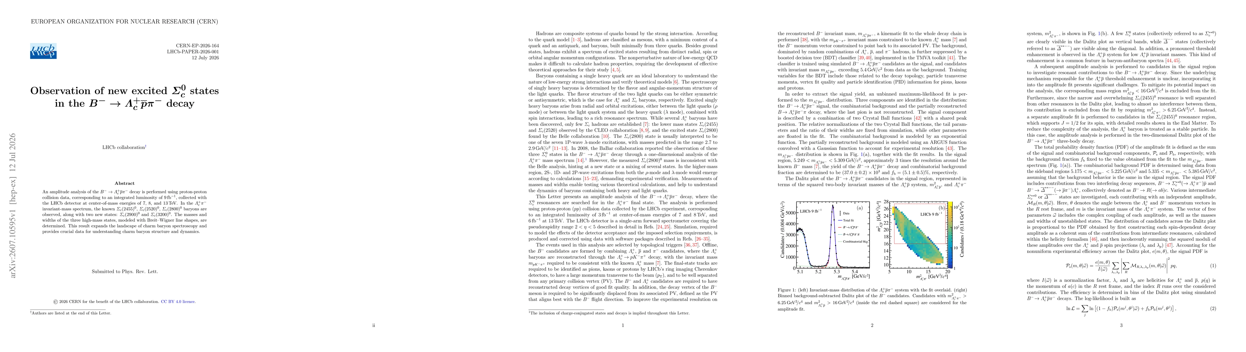 Thumbnail for Observation of new excited $\itΣ_{c}^{0}$ states in the $B^-\rightarrow \itΛ^+_c\overline{p}π^{-}$ decay
