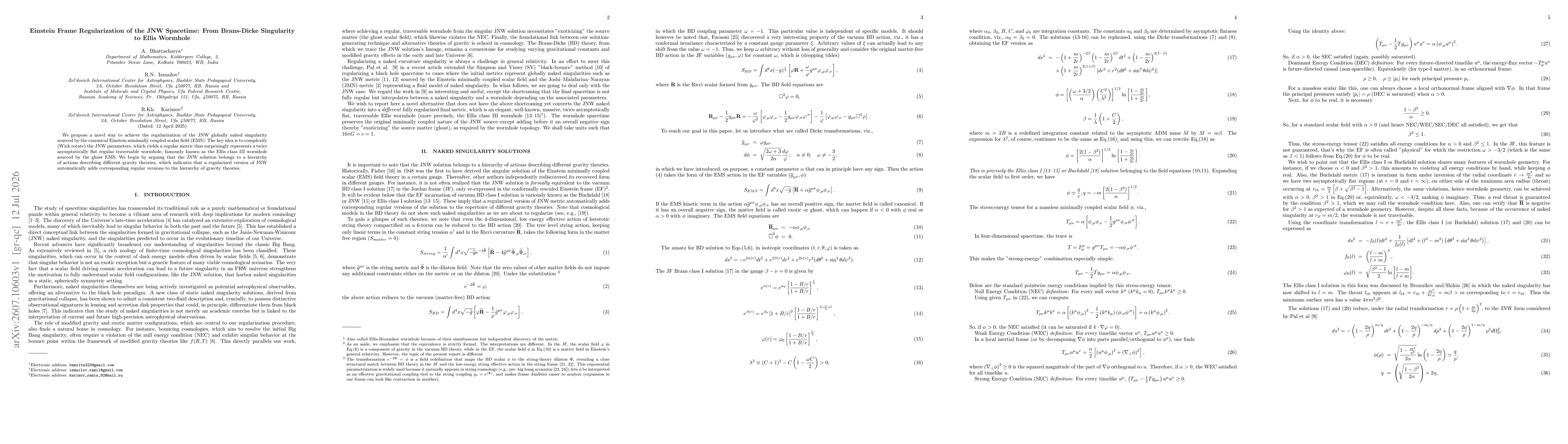 Thumbnail for Einstein Frame Regularization of the JNW Spacetime: From Brans-Dicke Singularity to Ellis Wormhole