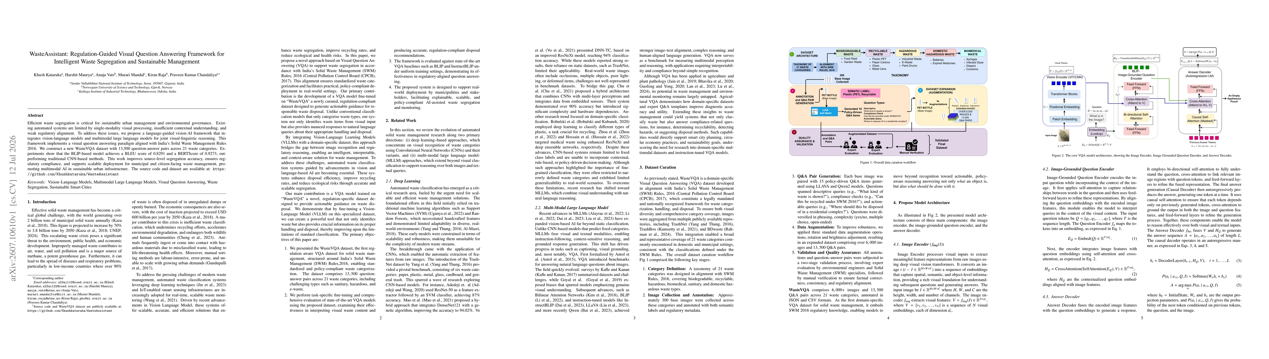Thumbnail for WasteAssistant: Regulation-Guided Visual Question Answering Framework for Intelligent Waste Segregation and Sustainable Managemen