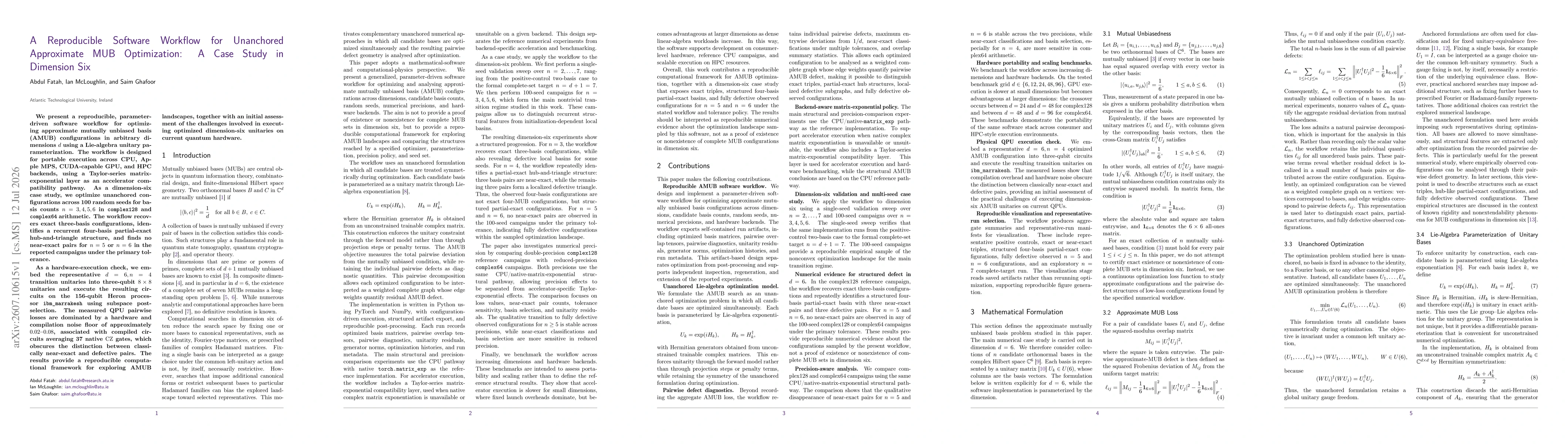Thumbnail for A Reproducible Software Workflow for Unanchored Approximate MUB Optimization: A Case Study in Dimension Six