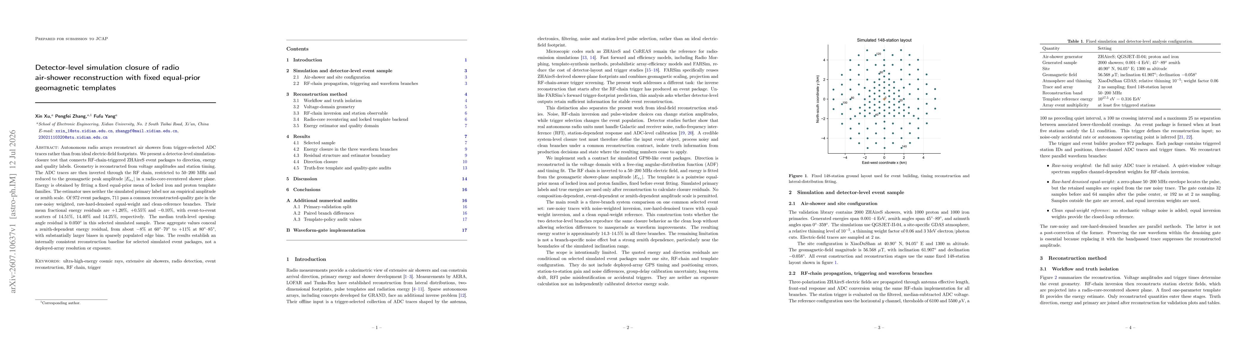 Thumbnail for Detector-level simulation closure of radio air-shower reconstruction with fixed equal-prior geomagnetic templates