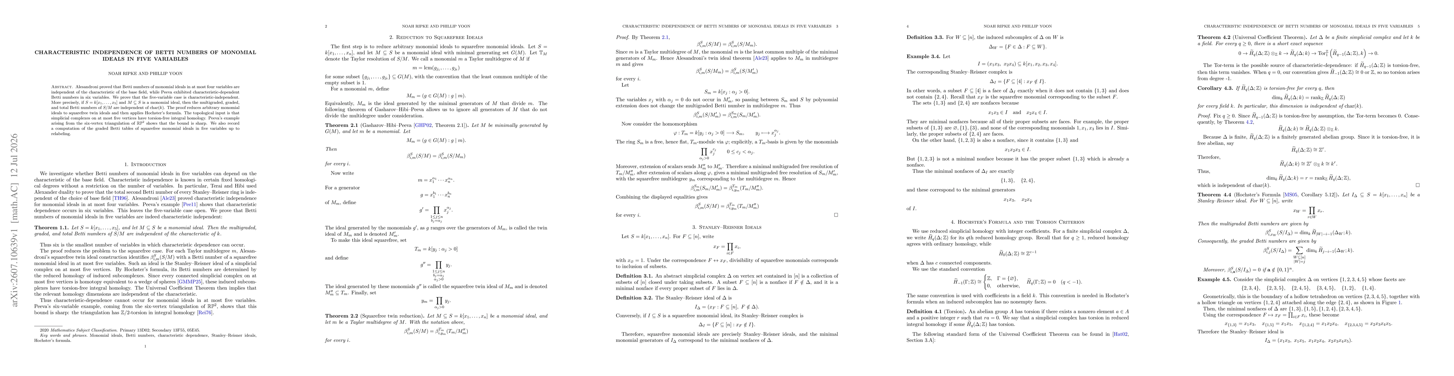 Thumbnail for Characteristic Independence of Betti Numbers of Monomial Ideals in Five Variables