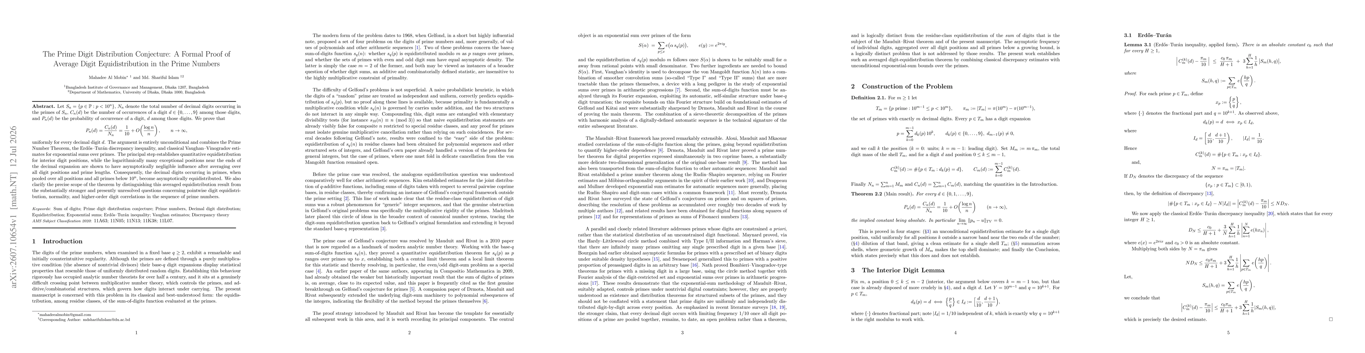 Thumbnail for The Prime Digit Distribution Conjecture: A Formal Proof of Average Digit Equidistribution in the Prime Numbers