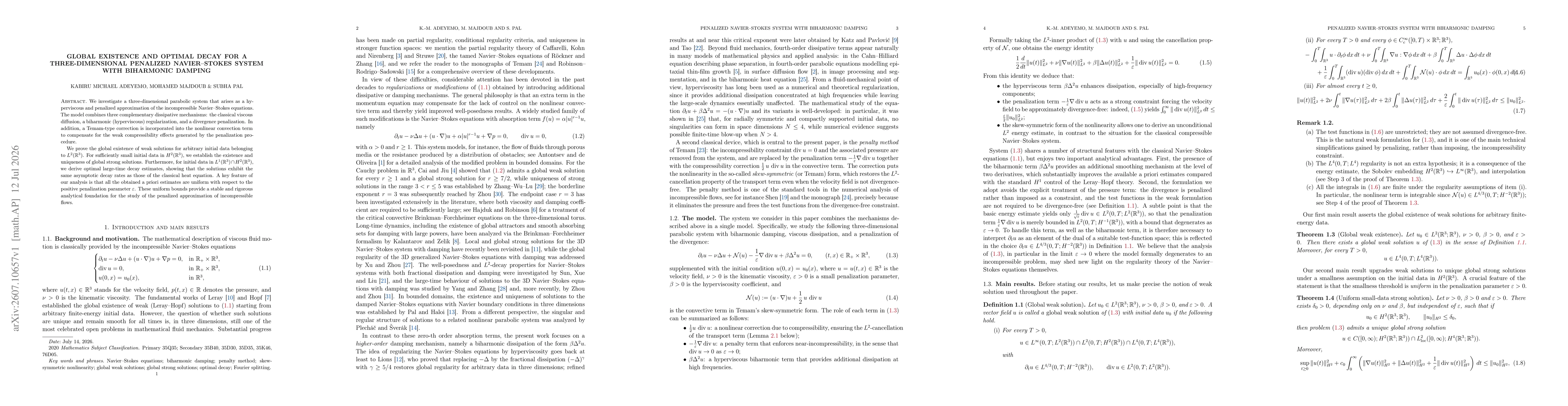 Thumbnail for Global existence and optimal decay for a three-dimensional penalized Navier--Stokes system with biharmonic damping