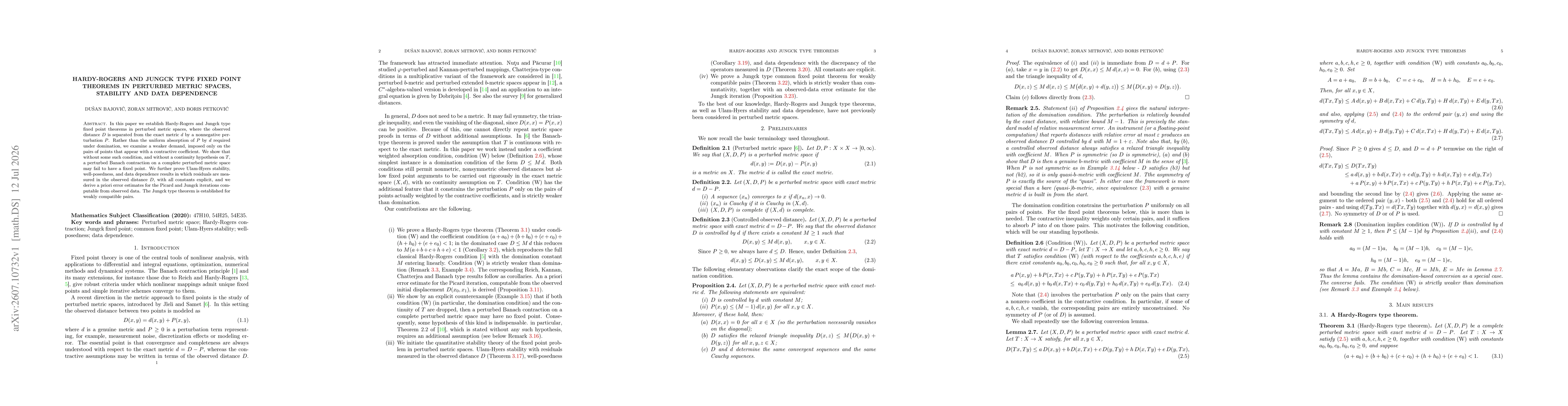 Thumbnail for Hardy-Rogers and Jungck Type Fixed Point Theorems in Perturbed Metric Spaces, Stability and Data Dependence