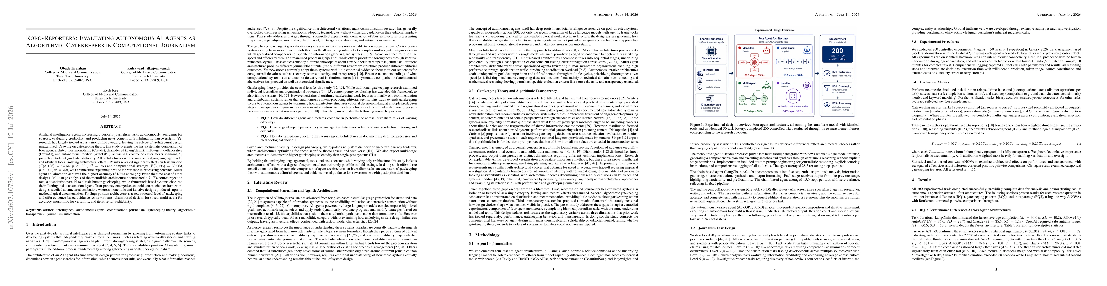 Thumbnail for Robo-Reporters: Evaluating Autonomous AI Agents as Algorithmic Gatekeepers in Computational Journalism