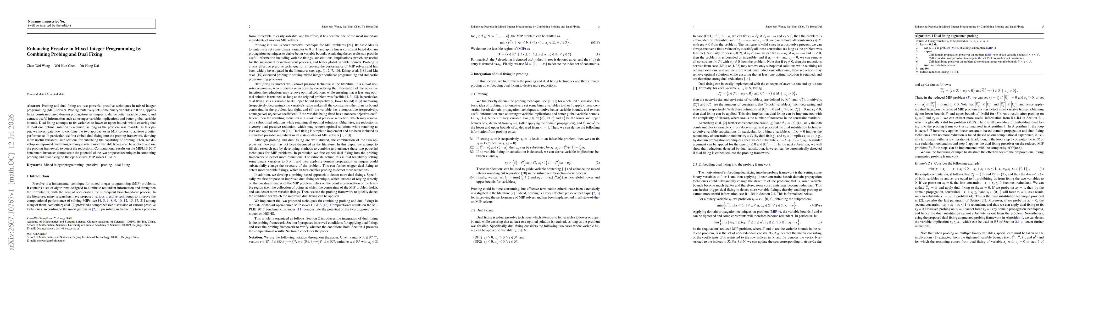 Thumbnail for Enhancing Presolve in Mixed Integer Programming by Combining Probing and Dual Fixing