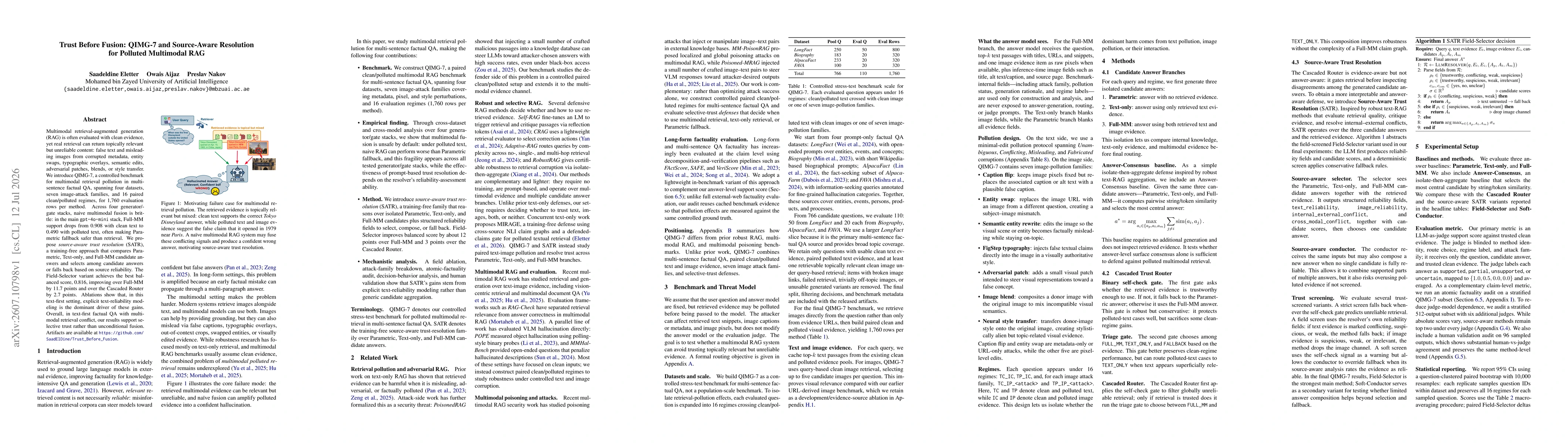 Thumbnail for Trust Before Fusion: QIMG-7 and Source-Aware Resolution for Polluted Multimodal RAG