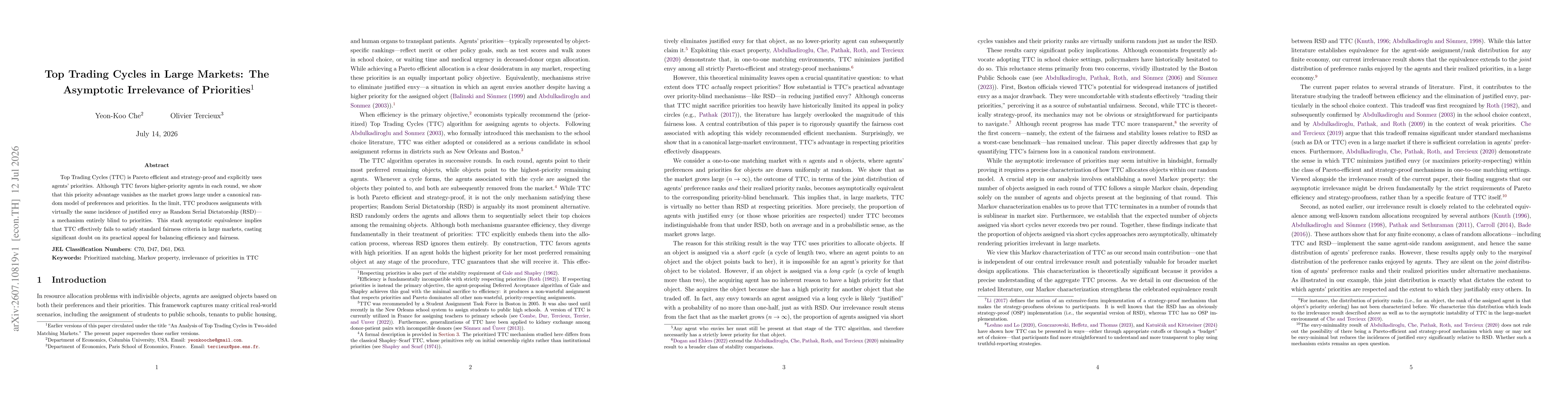 Thumbnail for Top Trading Cycles in Large Markets: The Asymptotic Irrelevance of Priorities