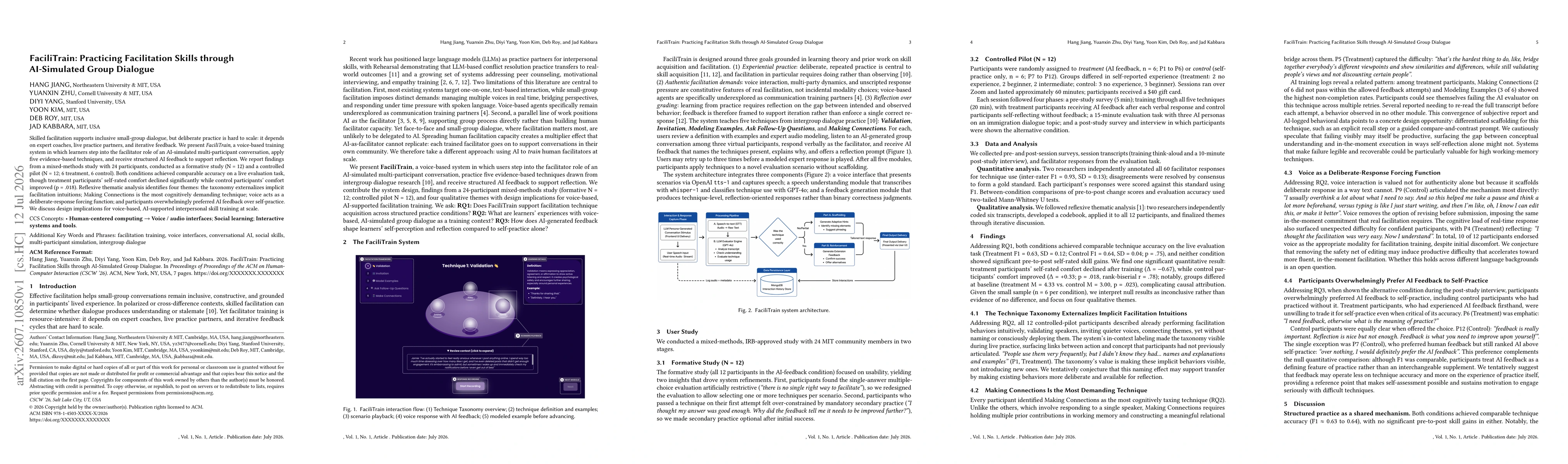Thumbnail for FaciliTrain: Practicing Facilitation Skills through AI-Simulated Group Dialogue