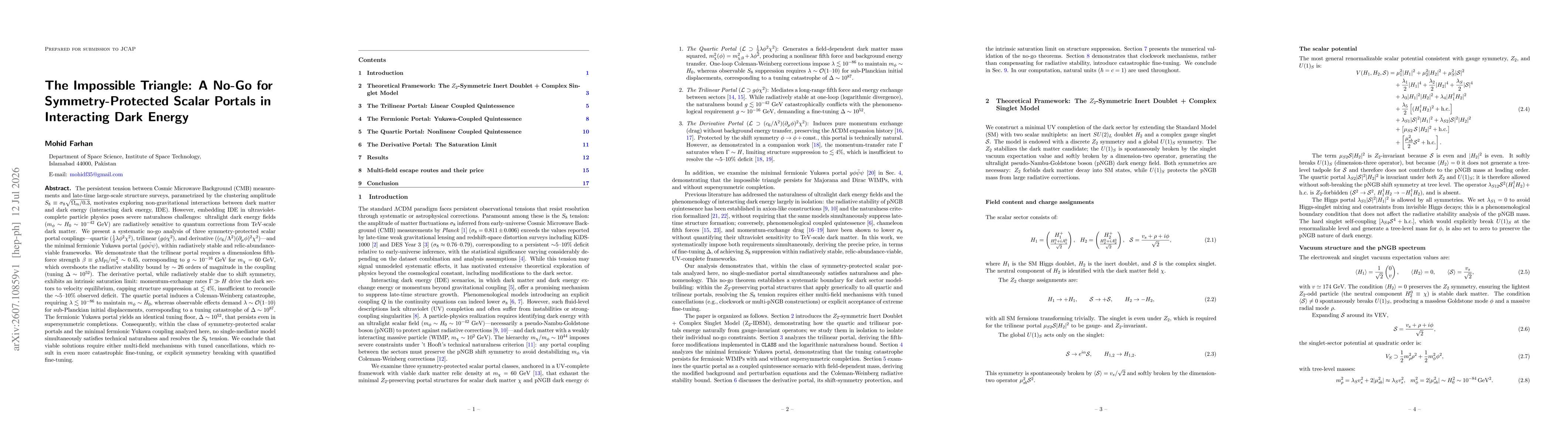Thumbnail for The Impossible Triangle: A No-Go for Symmetry-Protected Scalar Portals in Interacting Dark Energy