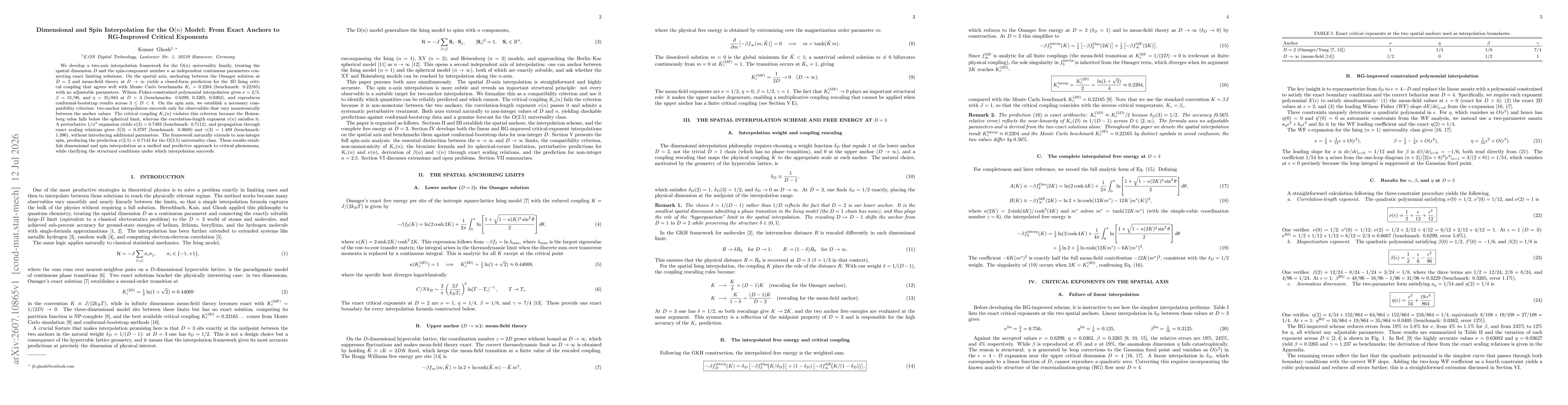 Thumbnail for Dimensional and Spin Interpolation for the O$(n)$ Model: From Exact Anchors to RG-Improved Critical Exponents