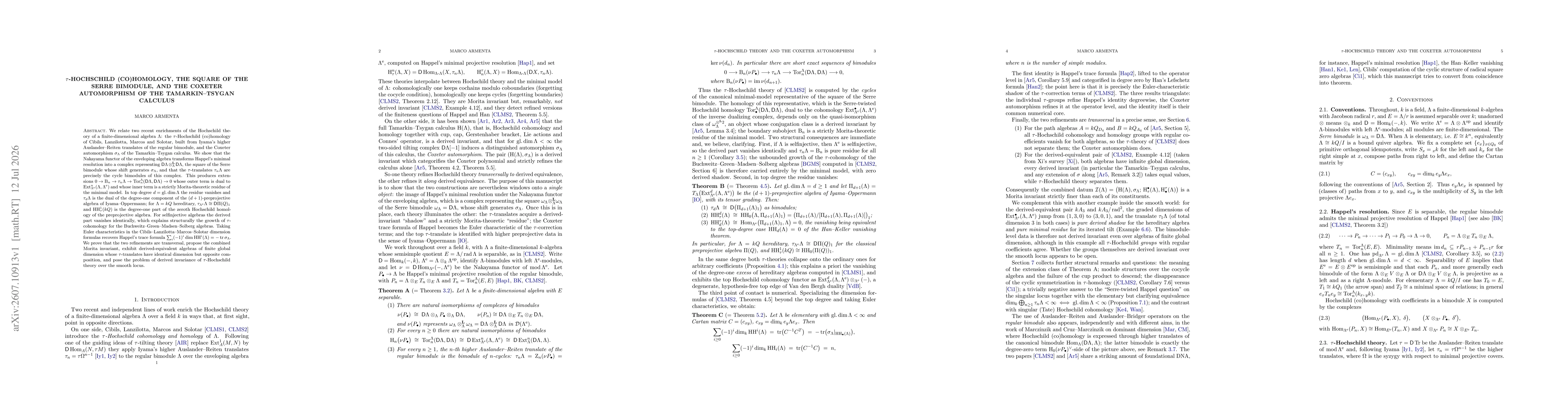 Thumbnail for $τ$-Hochschild (co)homology, the square of the Serre bimodule, and the Coxeter automorphism of the Tamarkin--Tsygan calculus
