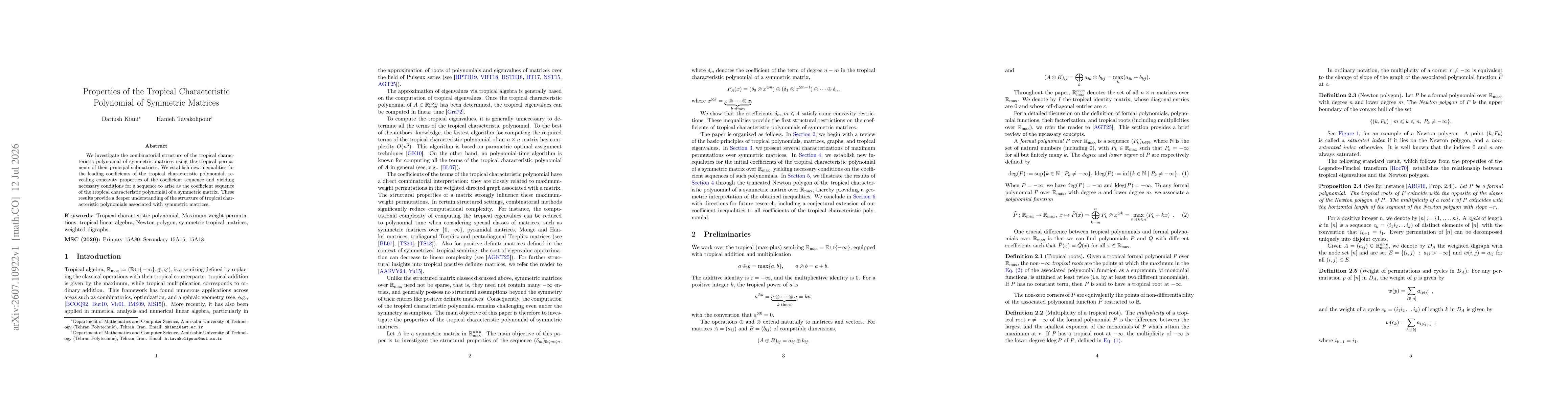 Thumbnail for Properties of the Tropical Characteristic Polynomial of Symmetric Matrices