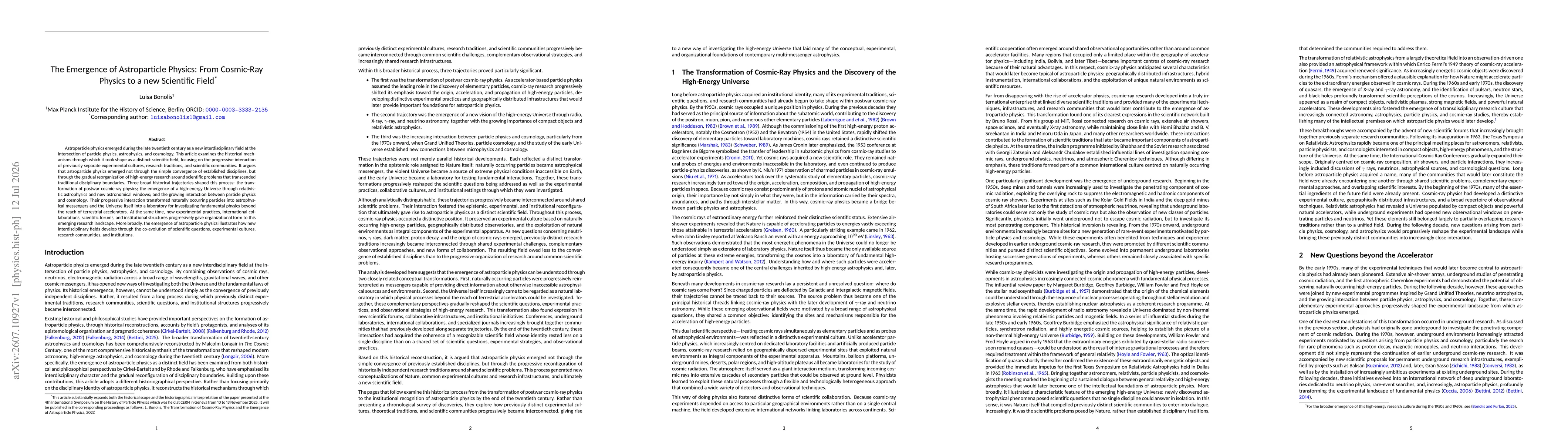 Thumbnail for The Emergence of Astroparticle Physics: From Cosmic-Ray Physics to a new Scientific Field