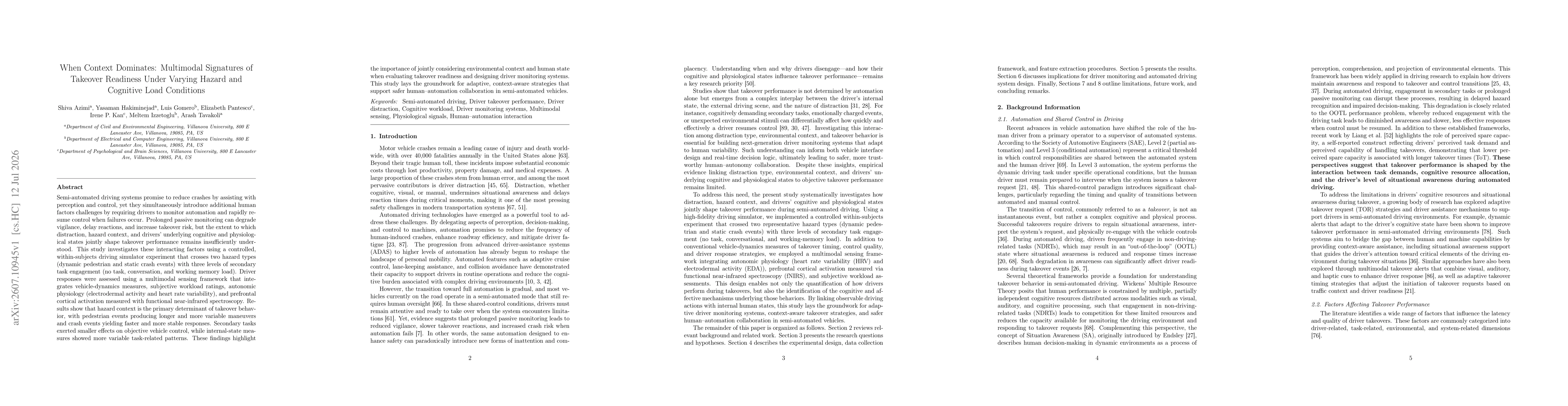 Thumbnail for When Context Dominates: Multimodal Signatures of Takeover Readiness Under Varying Hazard and Cognitive Load Conditions