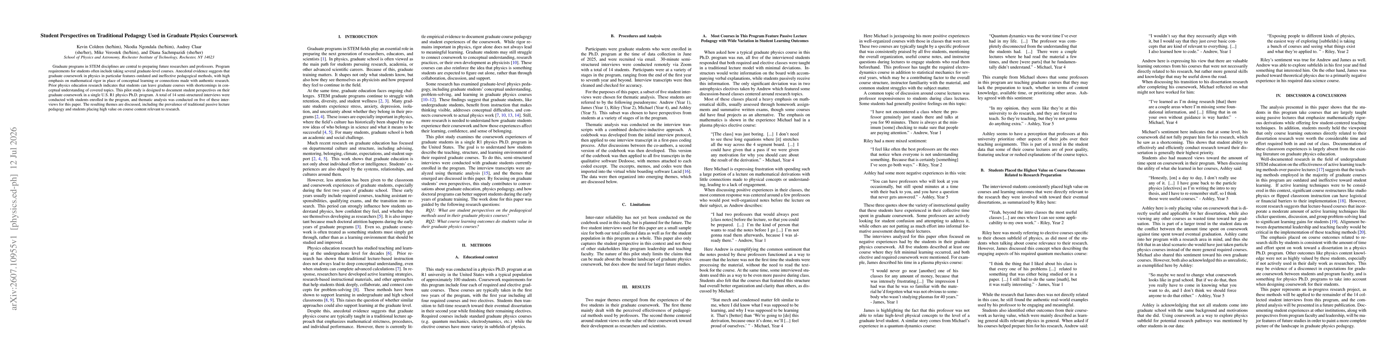 Thumbnail for Student Perspectives on Traditional Pedagogy Used in Graduate Physics Coursework