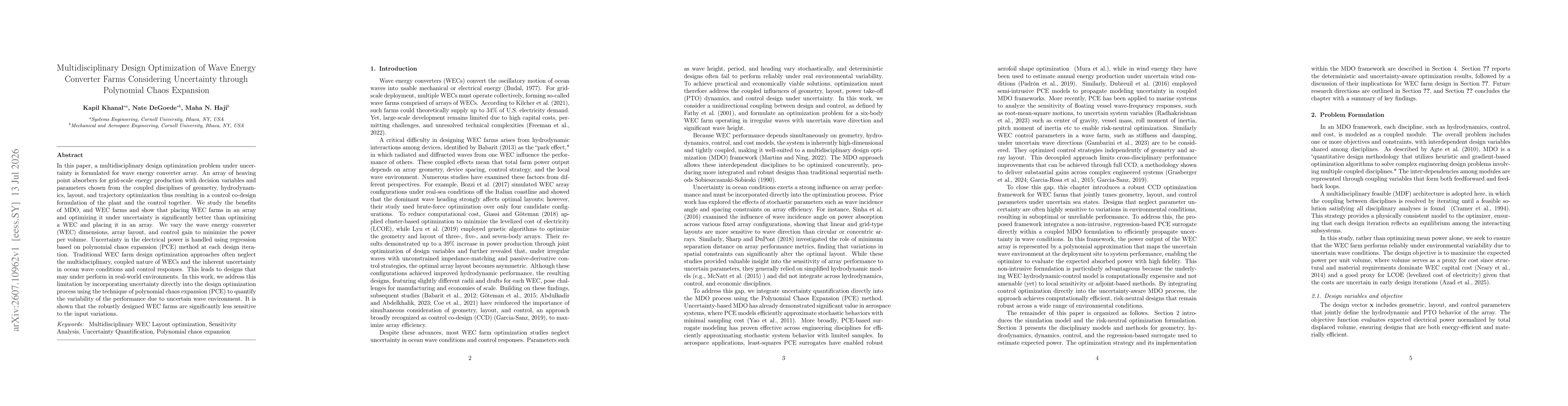 Thumbnail for Multidisciplinary Design Optimization of Wave Energy Converter Farms Considering Uncertainty through Polynomial Chaos Expansion