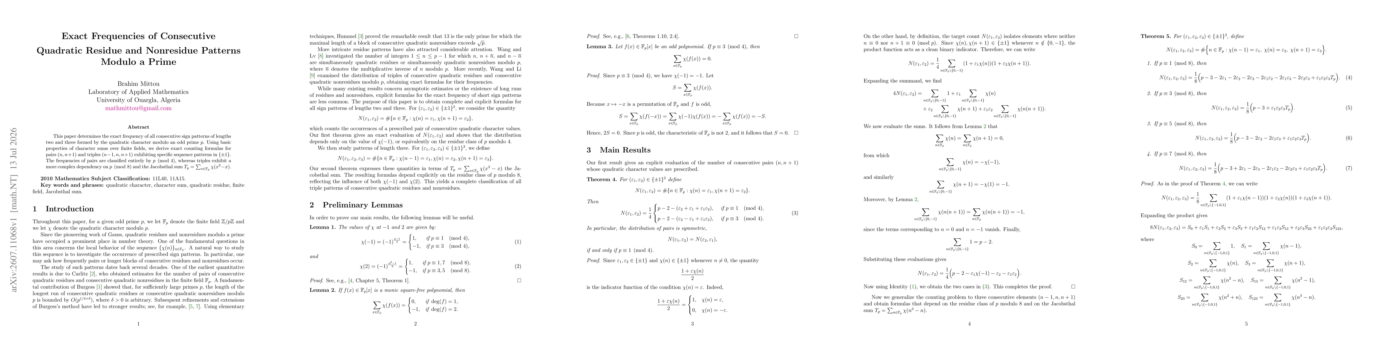 Thumbnail for Exact Frequencies of Consecutive Quadratic Residue and Nonresidue Patterns Modulo a Prime