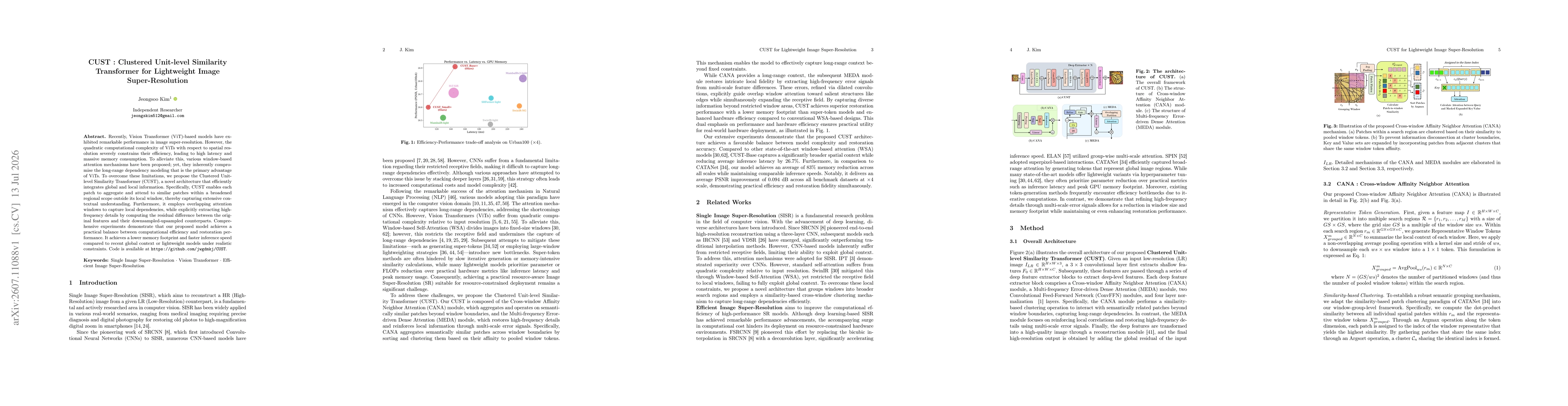 Thumbnail for CUST: Clustered Unit-level Similarity Transformer for Lightweight Image Super-Resolution