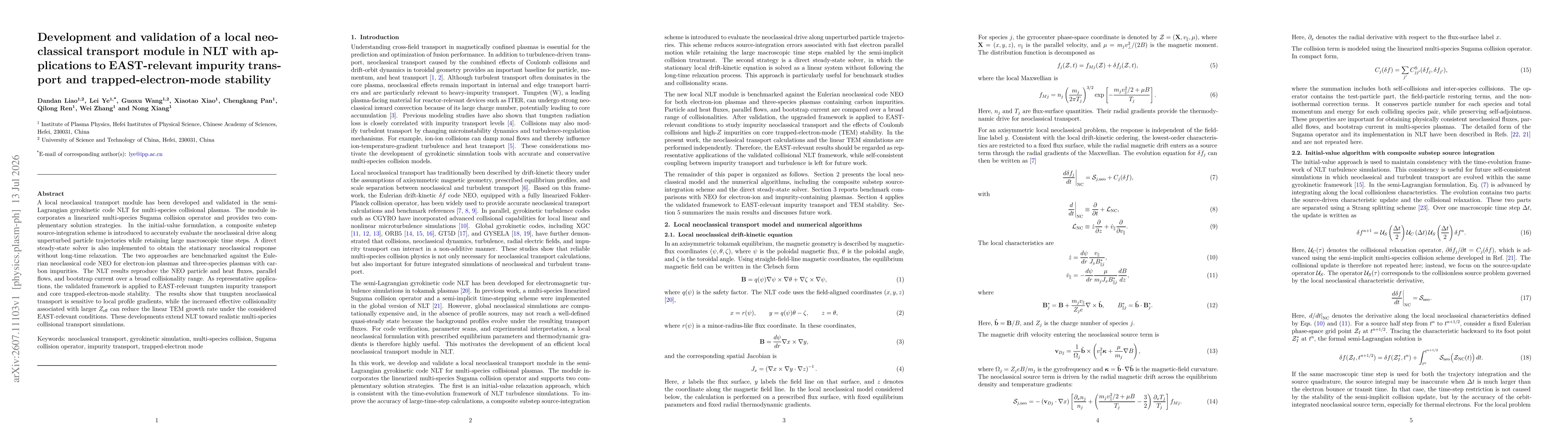Thumbnail for Development and validation of a local neoclassical transport module in NLT with applications to EAST-relevant impurity transport and trapped-electron-mode stability