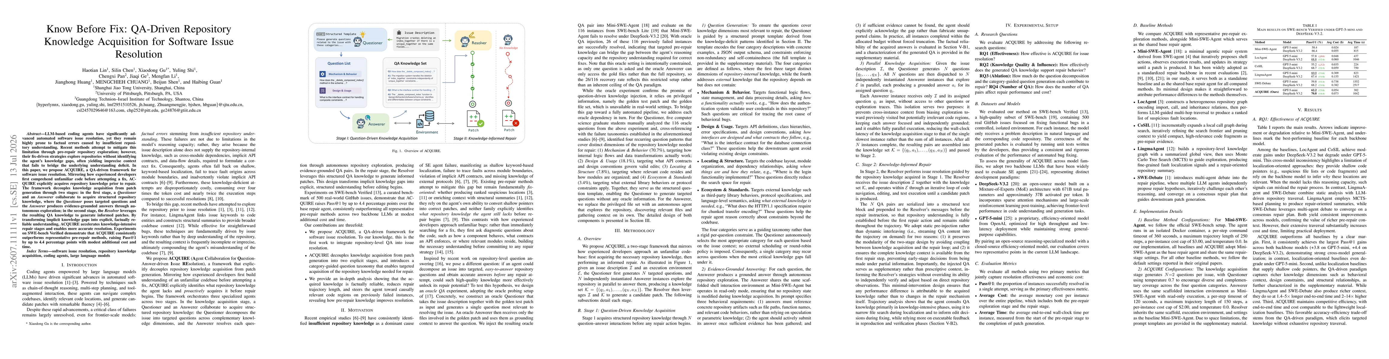 Thumbnail for Know Before Fix: QA-Driven Repository Knowledge Acquisition for Software Issue Resolution