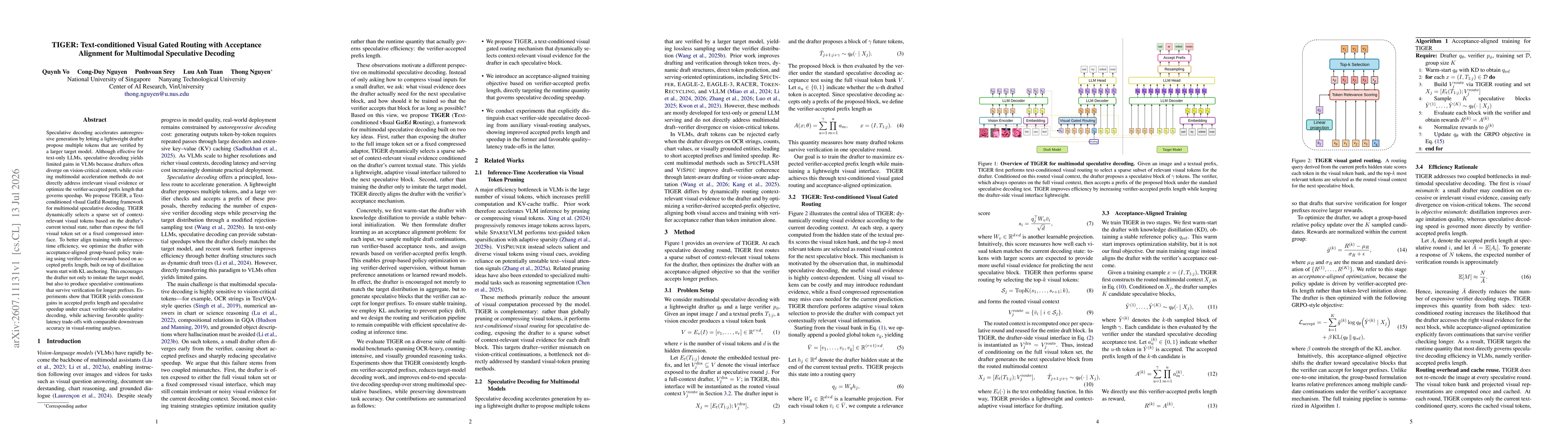 Thumbnail for TIGER: Text-Conditioned Visual Gated Routing with Acceptance Alignment for Multimodal Speculative Decoding