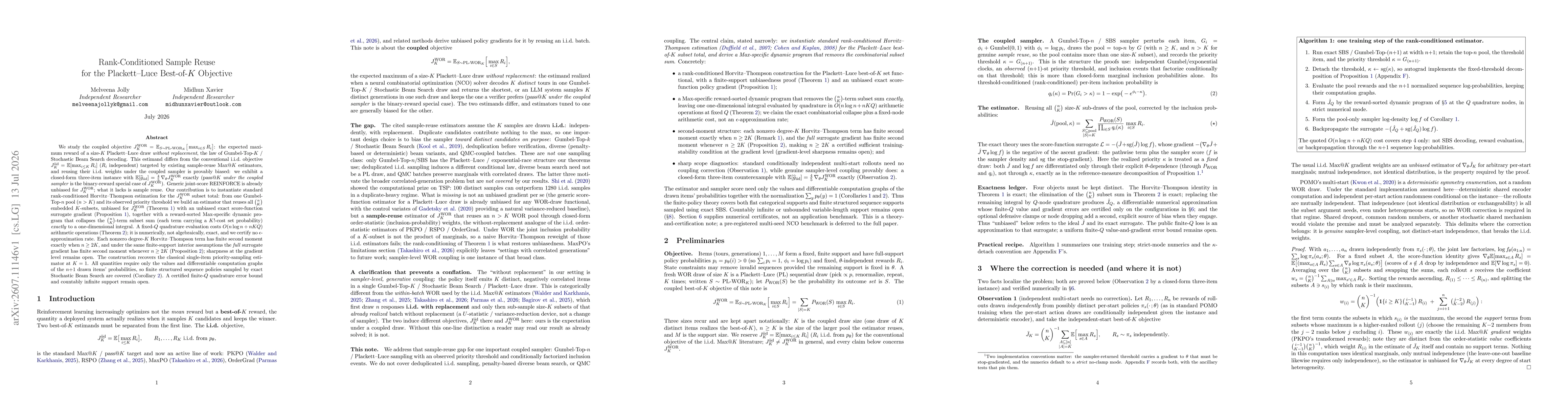 Thumbnail for Rank-Conditioned Sample Reuse for the Plackett--Luce Best-of-$K$ Objective