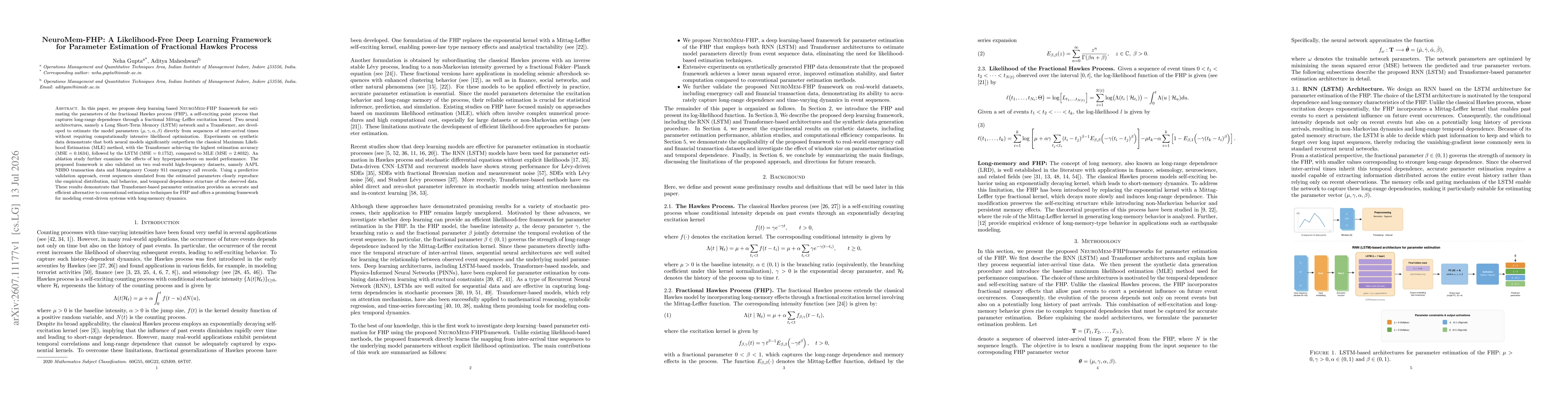 Thumbnail for NeuroMem-FHP: A Likelihood-Free Deep Learning Framework for Parameter Estimation of Fractional Hawkes Process