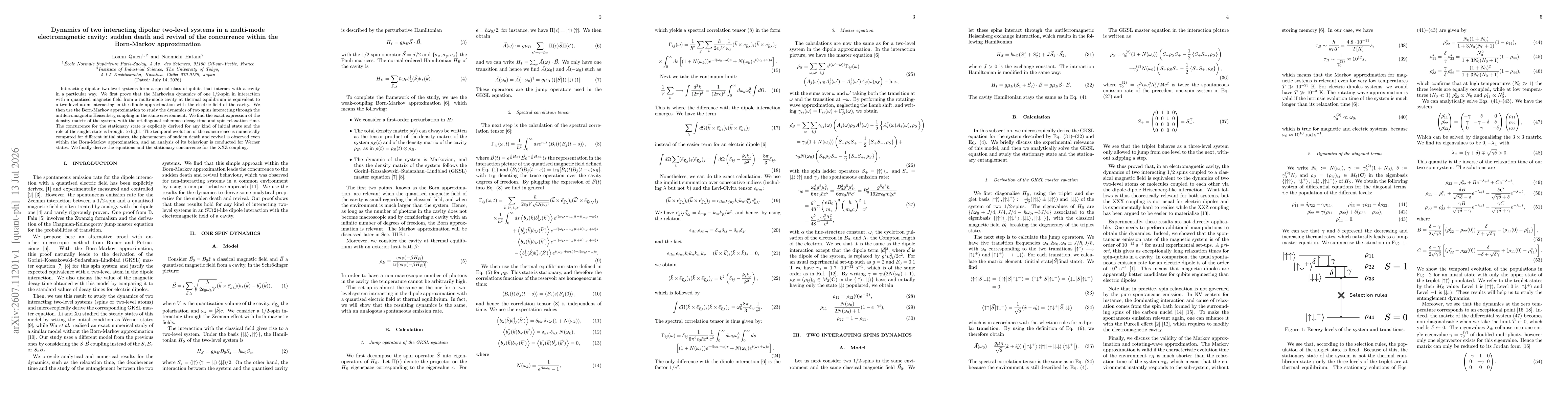 Thumbnail for Dynamics of two interacting dipolar two-level systems in a multi-mode electromagnetic cavity: sudden death and revival of the concurrence within the Born-Markov approximation