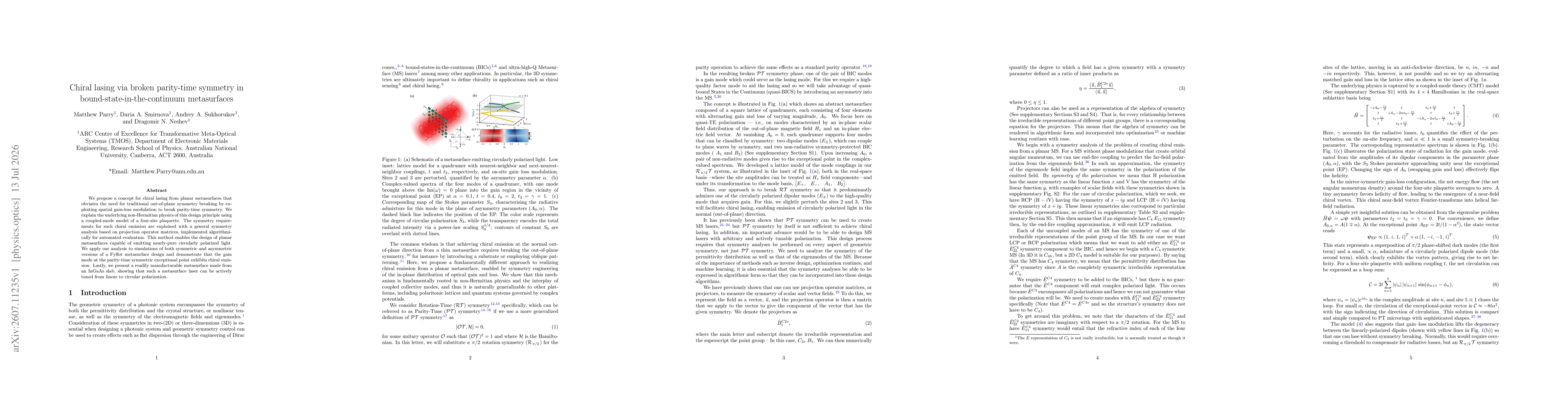 Thumbnail for Chiral lasing via broken parity-time symmetry in bound-state-in-the-continuum metasurfaces