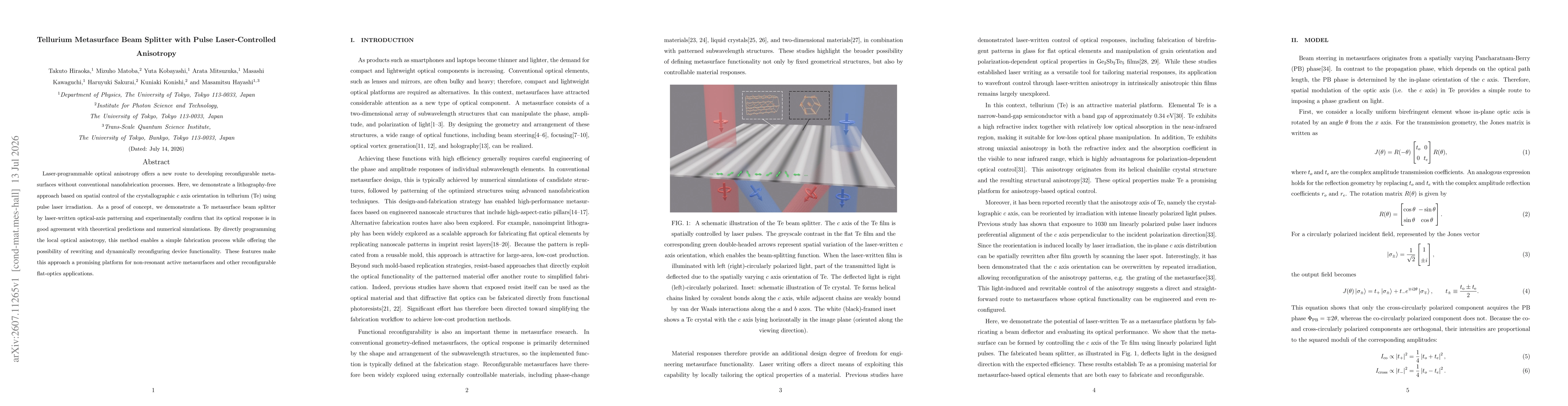 Thumbnail for Tellurium Metasurface Beam Splitter with Pulse Laser-Controlled Anisotropy