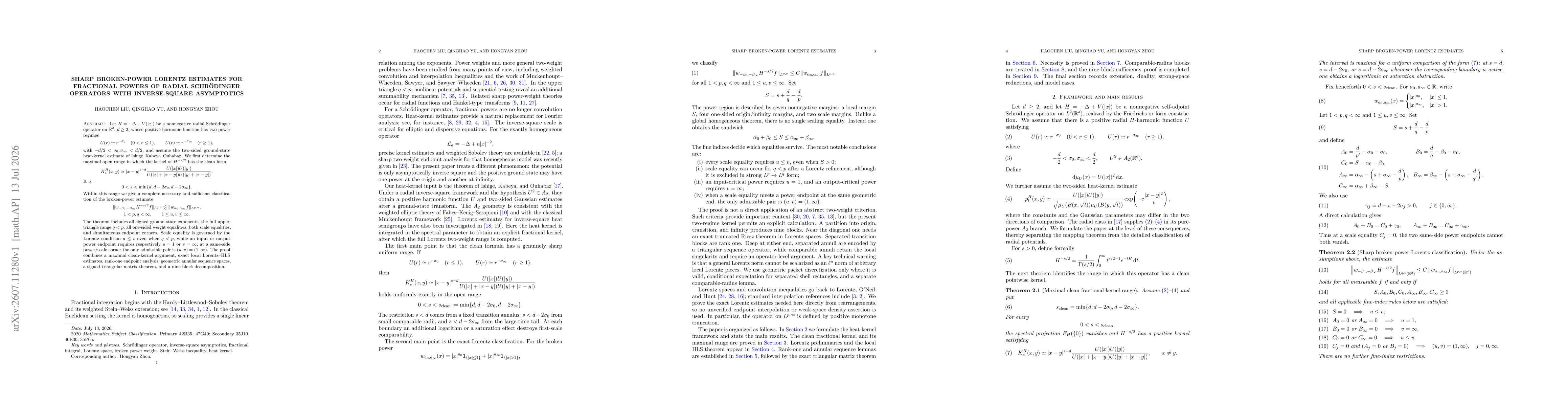 Thumbnail for Sharp Broken-Power Lorentz Estimates for Fractional Powers of Radial Schrödinger Operators with Inverse-Square Asymptotics