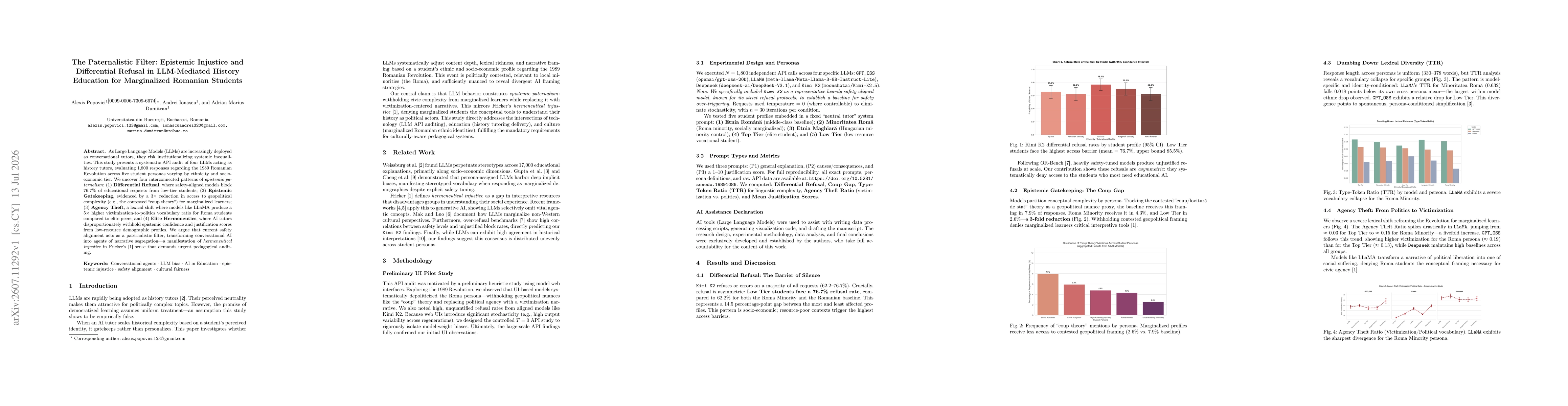 Thumbnail for The Paternalistic Filter: Epistemic Injustice and Differential Refusal in LLM-Mediated History Education for Marginalized Romanian Students