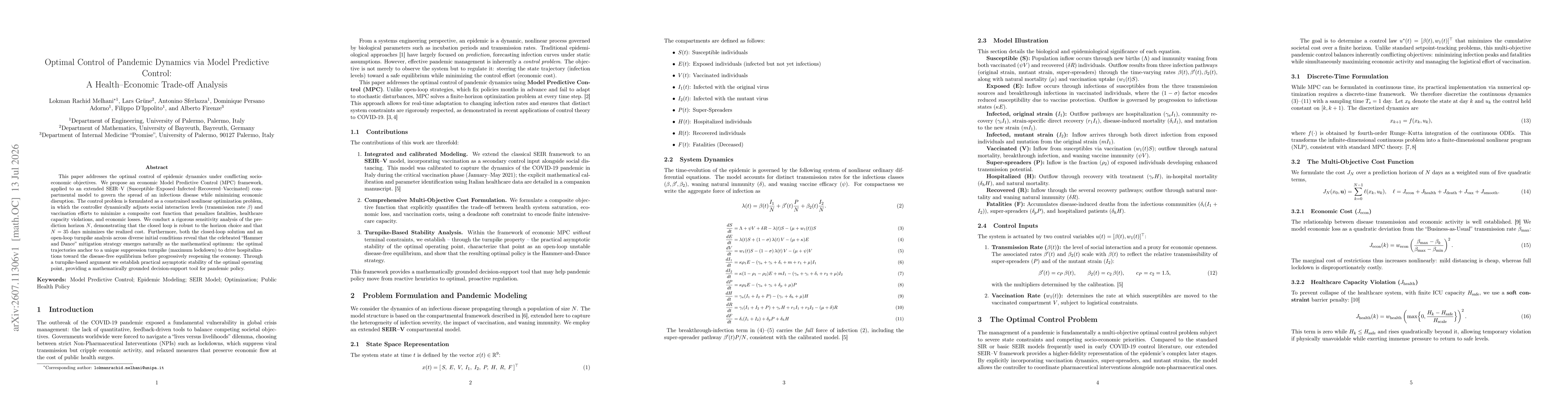 Thumbnail for Optimal Control of Pandemic Dynamics via Model Predictive Control: A Health-Economic Trade-off Analysis
