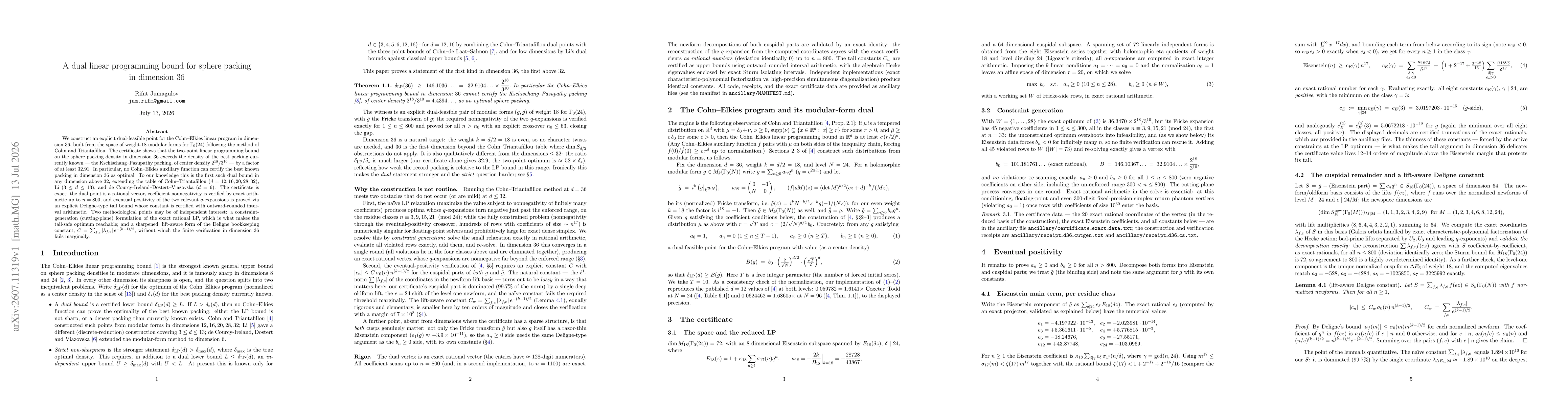 Thumbnail for A dual linear programming bound for sphere packing in dimension 36