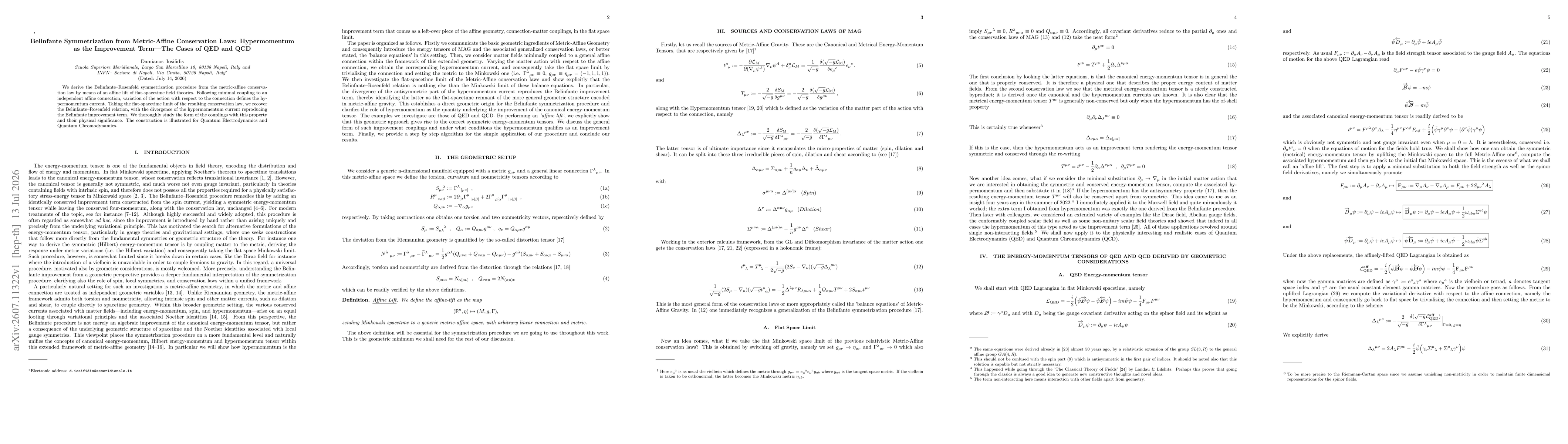 Thumbnail for Belinfante Symmetrization from Metric-Affine Conservation Laws: Hypermomentum as the Improvement Term -- The Cases of QED and QCD