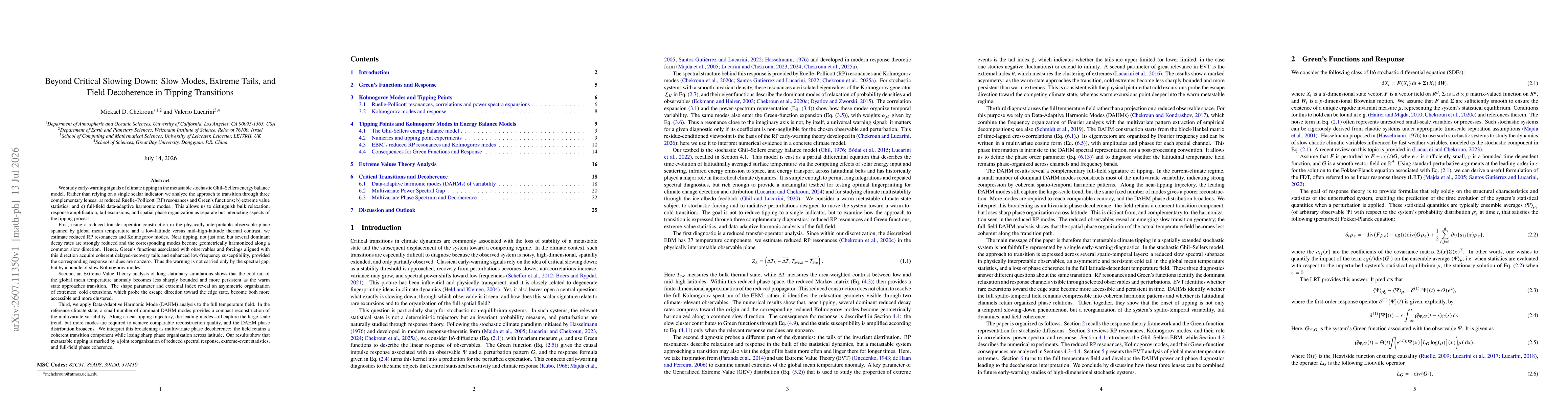Thumbnail for Beyond Critical Slowing Down: Slow Modes, Extreme Tails, and Field Decoherence in Tipping Transitions