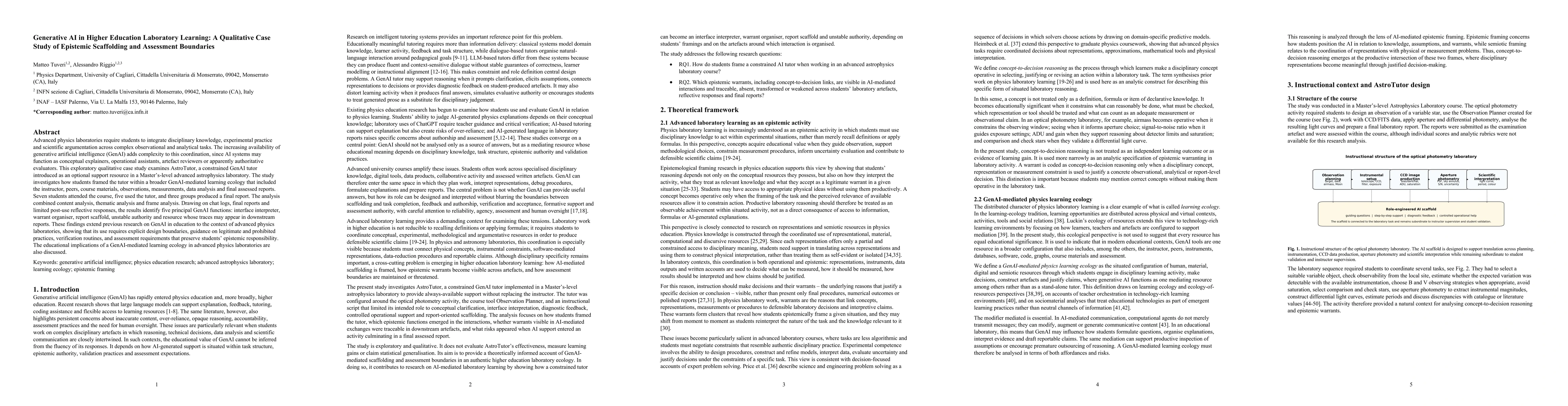 Thumbnail for Generative AI in Higher Education Laboratory Learning: A Qualitative Case Study of Epistemic Scaffolding and Assessment Boundaries