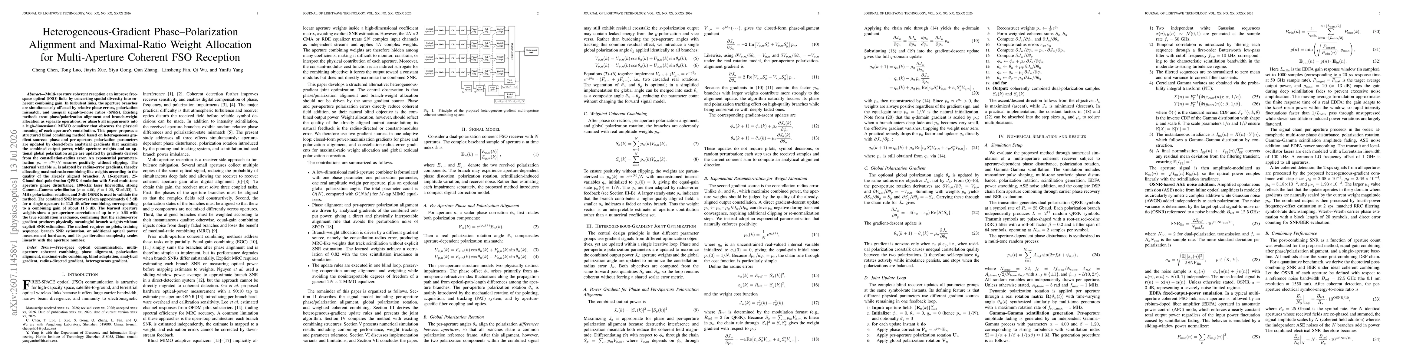 Thumbnail for Heterogeneous-Gradient Phase--Polarization Alignment and Maximal-Ratio Weight Allocation for Multi-Aperture Coherent FSO Reception
