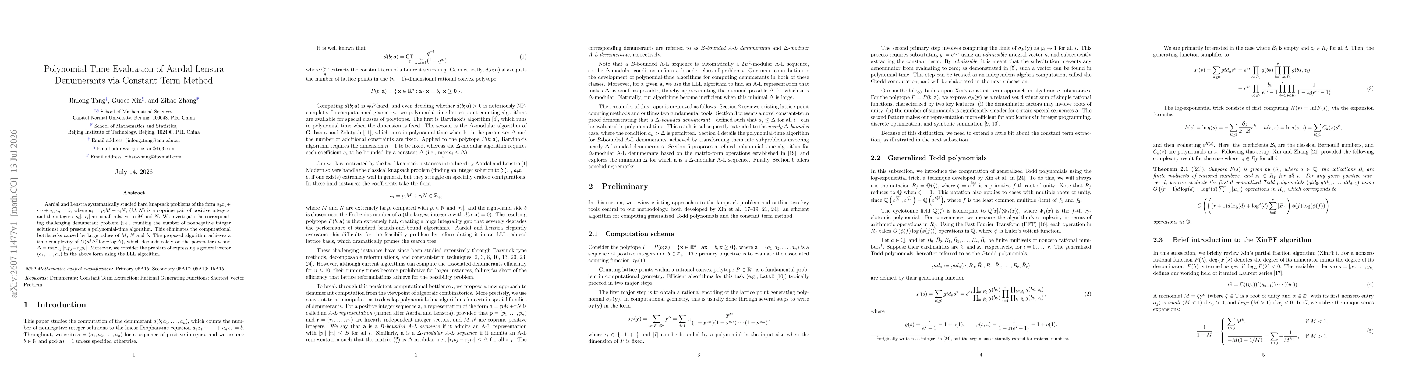 Thumbnail for Polynomial-Time Evaluation of Aardal-Lenstra Denumerants via Constant Term Method