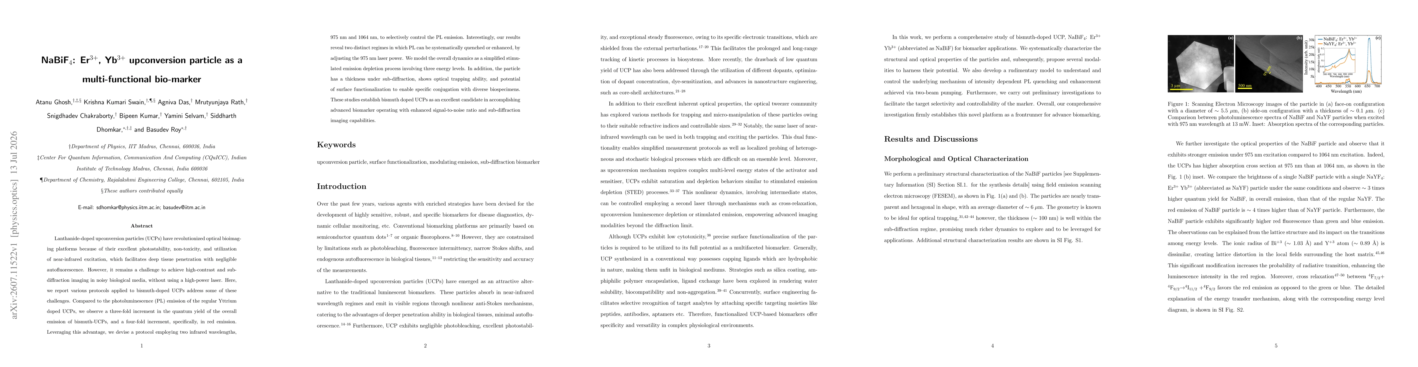 Thumbnail for NaBiF$_4$: Er$^{3+}$, Yb$^{3+}$ upconversion particle as a multi-functional bio-marker