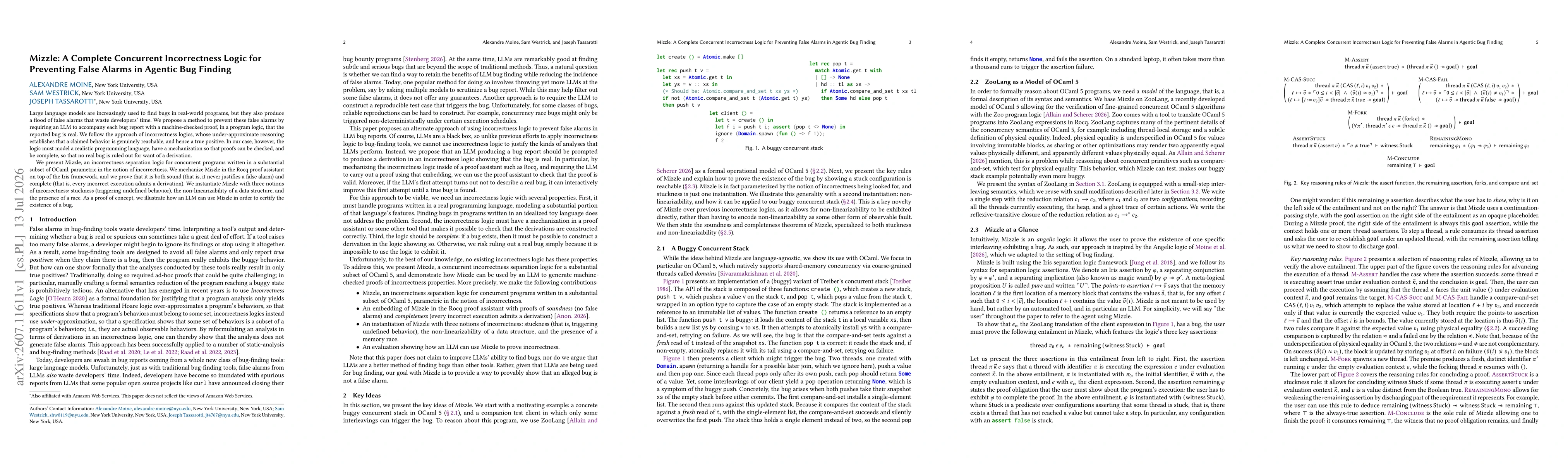 Thumbnail for Mizzle: A Complete Concurrent Incorrectness Logic for Preventing False Alarms in Agentic Bug Finding