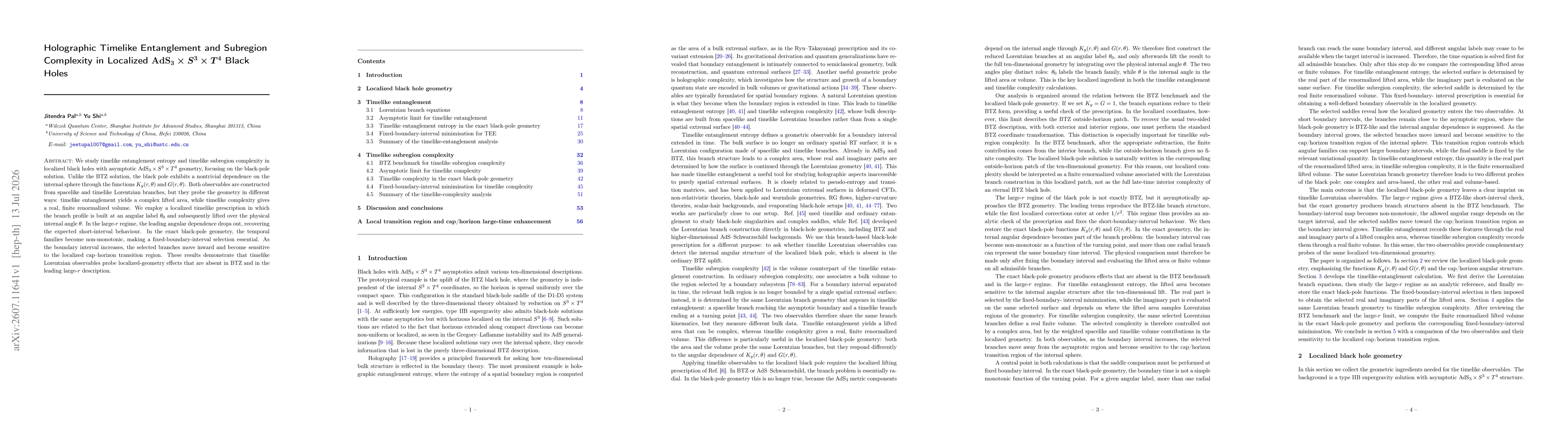 Thumbnail for Holographic Timelike Entanglement and Subregion Complexity in Localized AdS3*S3*T4 Black Holes