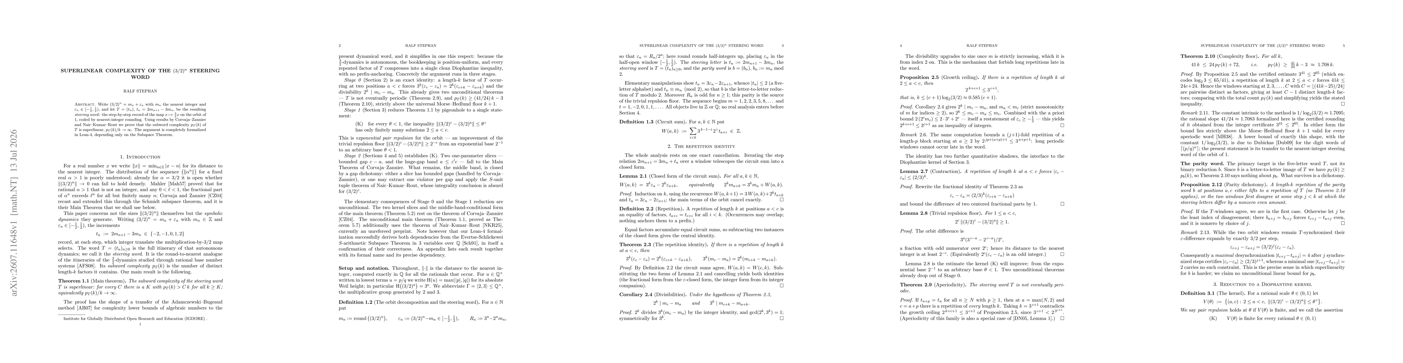 Thumbnail for Superlinear complexity of the $(3/2)^n$ steering word