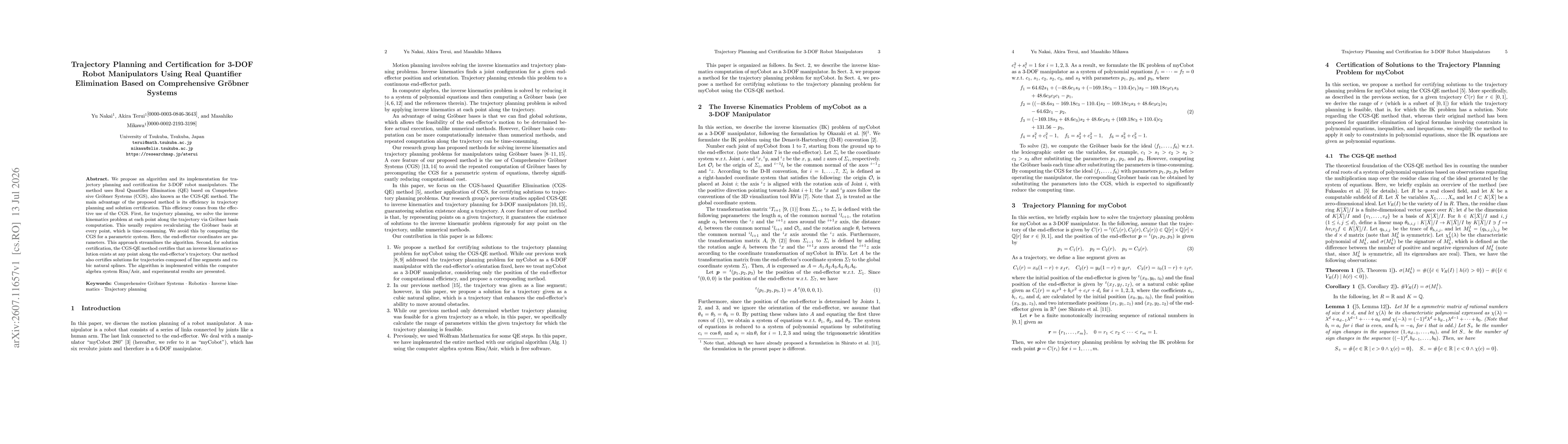 Thumbnail for Trajectory Planning and Certification for 3-DOF Robot Manipulators Using Real Quantifier Elimination Based on Comprehensive Gröbner Systems