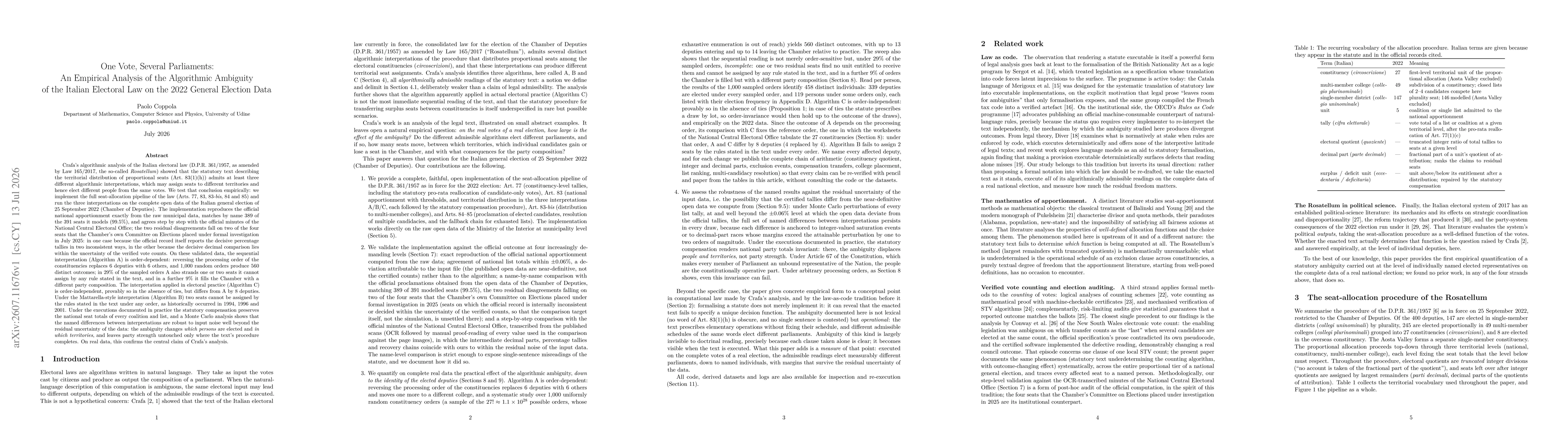 Thumbnail for One Vote, Several Parliaments: An Empirical Analysis of the Algorithmic Ambiguity of the Italian Electoral Law on the 2022 General Election Data
