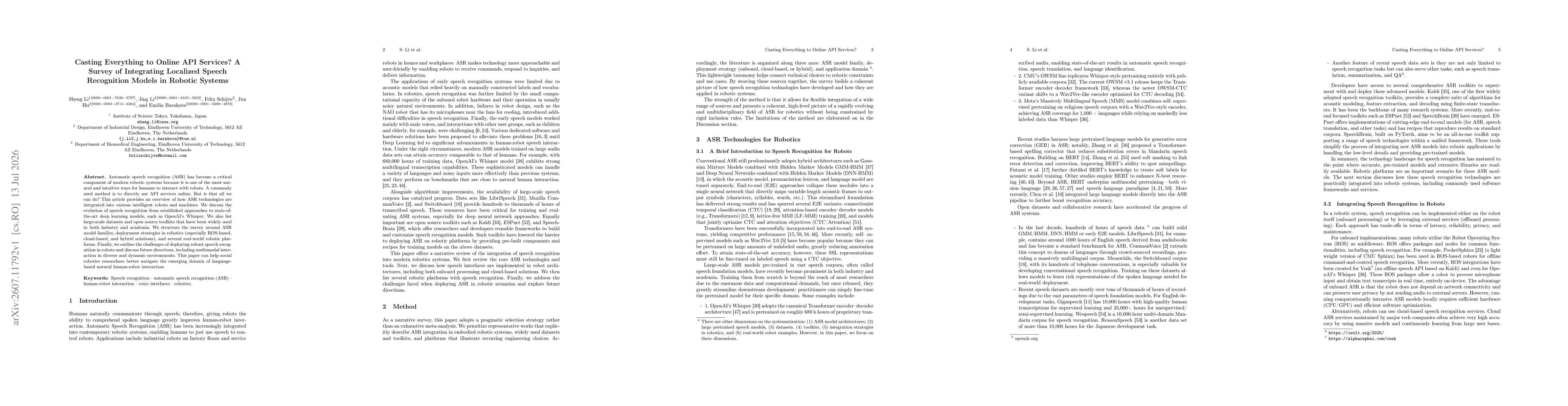 Thumbnail for Casting Everything to Online API Services? A Survey of Integrating Localized Speech Recognition Models in Robotic Systems