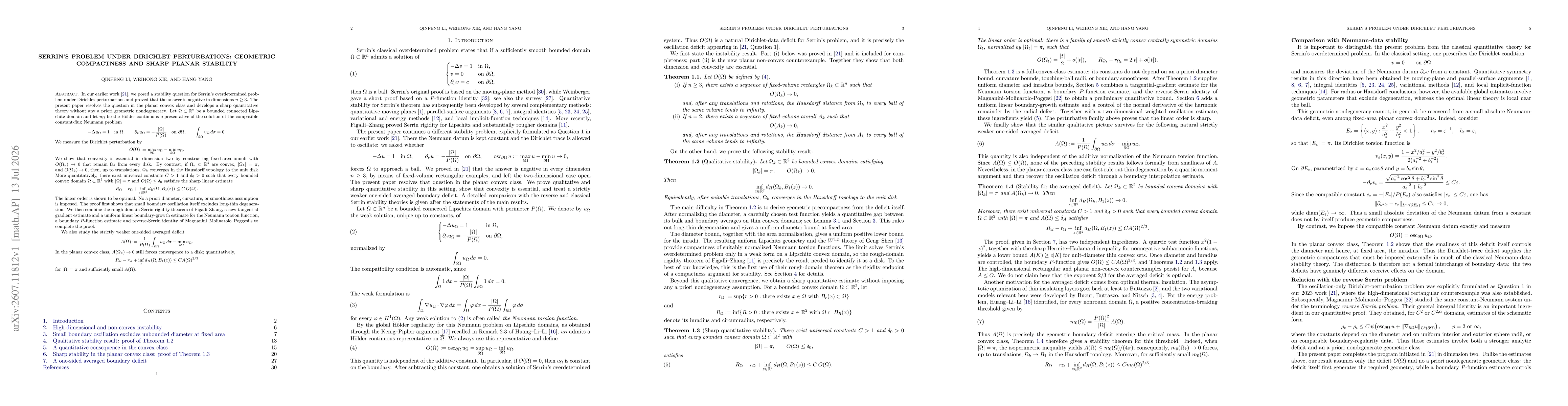 Thumbnail for Serrin's Problem under Dirichlet Perturbations: Geometric Compactness and Sharp Planar Stability