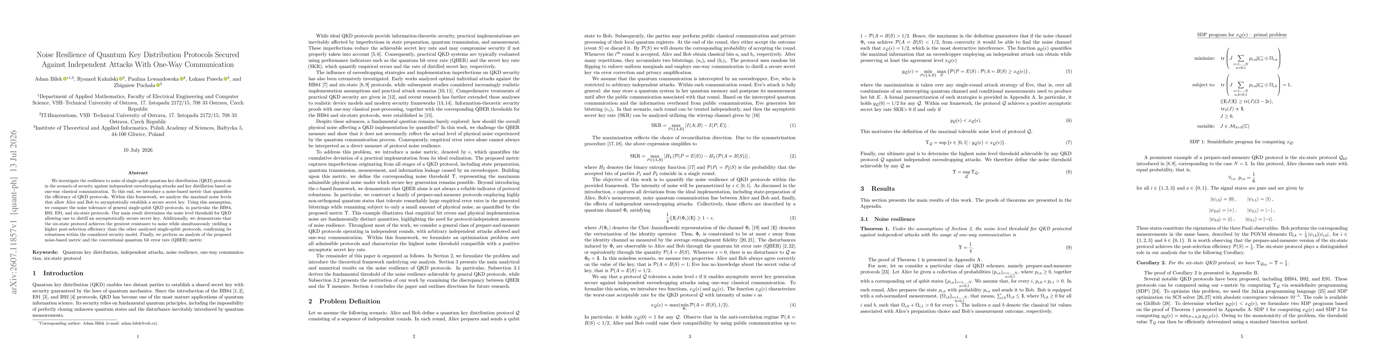 Thumbnail for Noise Resilience of Quantum Key Distribution Protocols Secured Against Independent Attacks With One-Way Communication